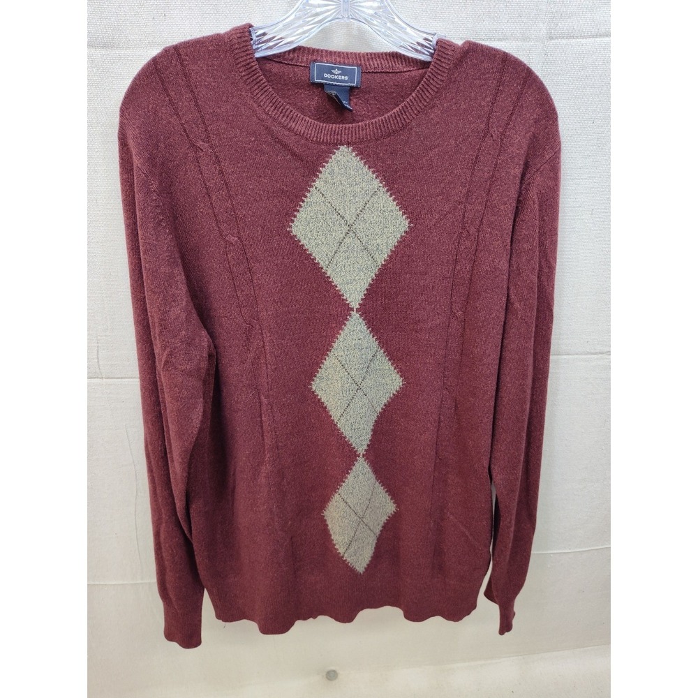 Dockers Mens‎ Crewneck Sweater Burgundy Argyle Cable Knit Pullover Large L